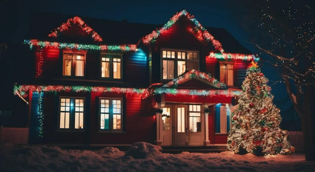 Colorful Christmas lights with tree decorated in front of porch