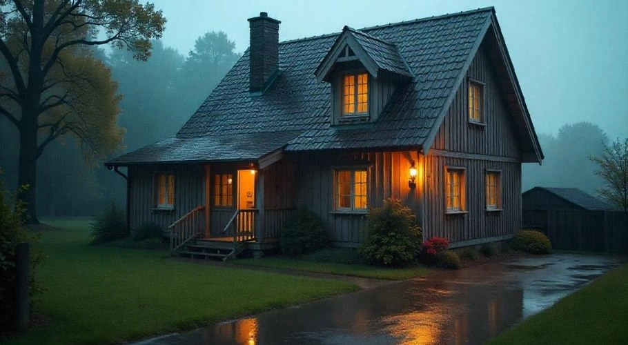 Roof overhangs protecting a house from rain.
