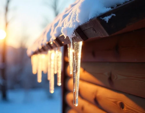 A close-up view of ice dams on a traditional wooden roof
