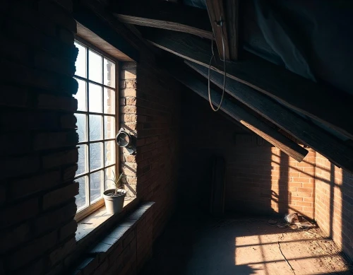 An attic with batts of insulation placed between wooden joists, showcasing exposed brick walls