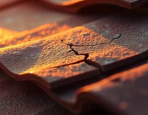 Close-up of a shingle with prominent cracks and curling