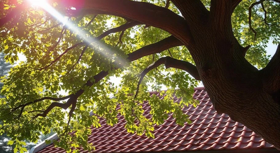 Overhanging branches near a roof.