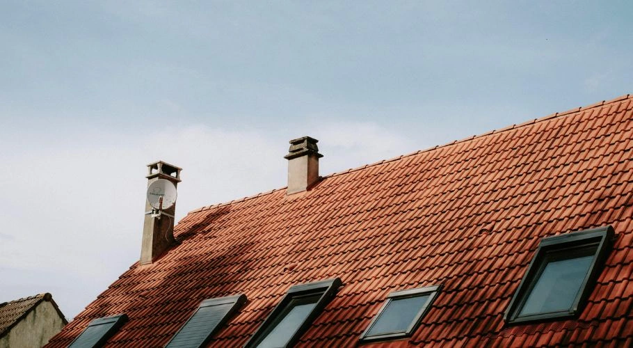 roof with chimney and skylights