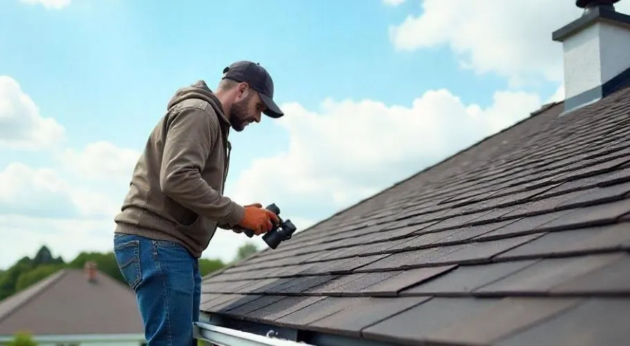 homeowner safely checking his house's roofing material